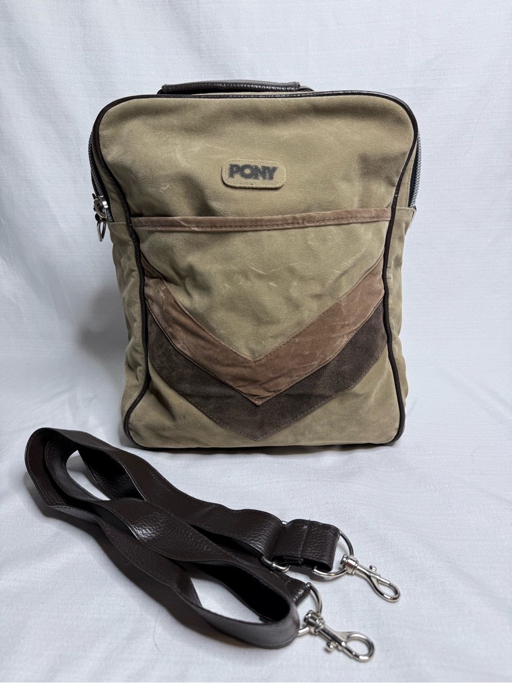 Vintage Y2K PONY Messenger Bag Brown Tan Suede Crossbody Shoulder Bag 2000s